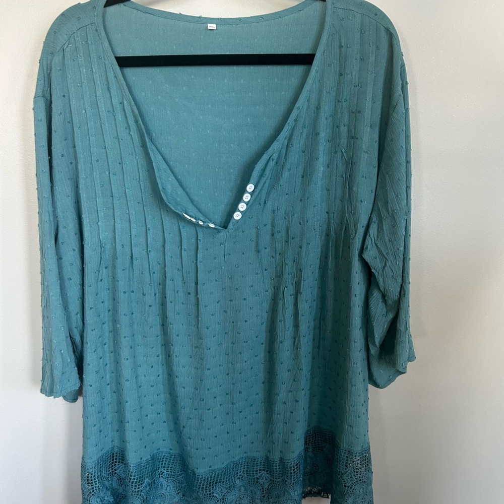 Washed teal boho peasant blouse in 3x with embroidered details